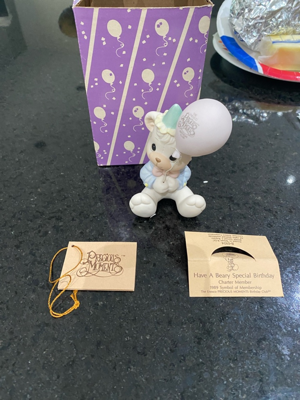 Precious Moments pastel bear figurine with lavender balloon birthday membership